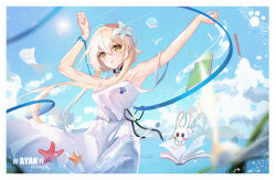 Rule 34 | 1girl, absurdres, armpits, arms up, artist name, ayan (1593817922), bare shoulders, black choker, blonde hair, blue ribbon, blue sky, blurry, blurry foreground, blush, book, border, choker, cloud, cowboy shot, dot nose, dress, eyebrows hidden by hair, floating, flower, genshin impact, hair between eyes, hair flower, hair ornament, highres, looking at viewer, lumine (genshin impact), open book, orange eyes, outdoors, outstretched arm, paper, parted lips, paw print, pencil, raised eyebrows, ribbon, short hair with long locks, sidelocks, signature, sky, sleeveless, sleeveless dress, solo, starfish, sun, sundress, water drop, white border, white dress, white flower