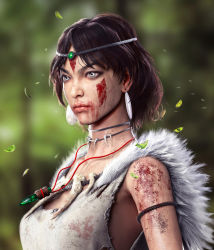 Rule 34 | 1girl, 3d, blood, blood on face, falling leaves, jewelry, leaf, mononoke hime, necklace, qq1216241707, realistic, san (mononoke hime), self-upload, tagme, tooth necklace