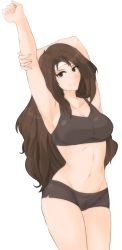Rule 34 | 1girl, altena (fire emblem), arm up, armpits, bandana, breasts, brown eyes, brown hair, cleavage, closed mouth, collarbone, curvy, fire emblem, fire emblem: genealogy of the holy war, fire emblem: thracia 776, fire emblem heroes, gym shorts, gym uniform, highres, large breasts, long hair, looking at viewer, navel, nintendo, shorts, smile, solo, stretching, stretched limb, thick thighs, thighs, transparent background, tridisart, very long hair, wide hips