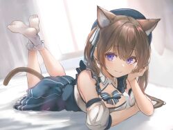 Rule 34 | 1girl, animal ear fluff, animal ears, beret, blue eyes, blue hat, blue skirt, blush, breasts, brown hair, cat ears, cat girl, cat tail, cleavage, closed mouth, commentary request, hair between eyes, hat, highres, indie virtual youtuber, itigori ena, long hair, looking at viewer, lying, marulire, medium breasts, mole, mole under eye, on stomach, skirt, smile, socks, solo, tail, virtual youtuber, white socks