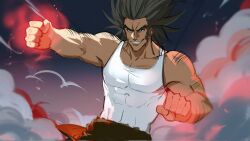 Rule 34 | 1boy, arm hair, aura, bara, chest hair, clenched hands, covered abs, cowboy shot, fighting stance, grin, hairy, highres, hunter x hunter, knuckle hair, large pectorals, long sideburns, looking at viewer, male focus, mature male, muscular, muscular male, pectoral cleavage, pectorals, short hair, sideburns, smile, solo, tank top, thick arms, uvogin, v-shaped eyebrows, white tank top, wispzoa