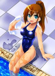 Rule 34 | 1girl, brown hair, competition swimsuit, fiesta (fiesta303), green eyes, highleg, highleg swimsuit, highres, legs, long hair, one-piece swimsuit, original, ponytail, poolside, sitting, solo, swimsuit, thighs, wet