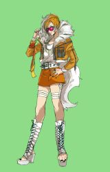 Rule 34 | 1girl, belt, black nails, brown hair, creatures (company), cross-laced footwear, full body, fur trim, game freak, gen 7 pokemon, gradient hair, green background, hand on own hip, highres, jacket, jewelry, long legs, looking at viewer, lycanroc, multicolored hair, nintendo, orange jacket, orange skirt, personification, platform footwear, pokemon, ring, shirt, simple background, skirt, smile, solo, standing, streaked hair, sunglasses, tail, thigh strap, toeless footwear, white footwear, white hair, white shirt, woborou