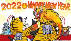 Rule 34 | 2022, agnimon, animal ears, animal print, anniversary, baihumon, bandai, blush stickers, chinese zodiac, claws, copyright name, digimon, digimon (creature), digimon frontier, fangs, gammamon, happy new year, hood, kanji, looking at viewer, looking back, mask, mihiramon, multiple boys, multiple eyes, muscular, new year, official art, red eyes, sky, smile, splashmon, splashmon darkness mode, tiger, tiger ears, tiger print, year of the tiger