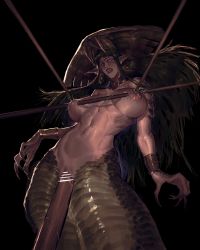 Rule 34 | 1girl, absurdres, black hair, breasts, guro, highres, impaled, impaled breasts, lagon, lamia, milk, monster girl, nude, pointy ears, polearm, sex, snake girl, snake tail, spear, tail, weapon, yellow eyes