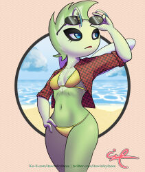 Rule 34 | 1girl, adjusting eyewear, antennae, arm up, artist name, beach, bikini, blue eyes, blue sky, breasts, celebi, checkered clothes, checkered shirt, cloud, collarbone, collared shirt, colored skin, cowboy shot, creatures (company), day, eyewear on head, female focus, game freak, gen 2 pokemon, green hair, green skin, half-closed eyes, hand on own hip, highres, horizon, ko-fi username, legendary pokemon, legs together, looking to the side, multicolored hair, multicolored skin, mythical pokemon, navel, nintendo, ocean, open clothes, open mouth, open shirt, outdoors, outside border, personification, piercing, pokemon, pokemon (creature), red shirt, rimless eyewear, sand, shirt, short hair, short sleeves, signature, sky, small breasts, solo, standing, stomach, sunglasses, swimsuit, thighs, twitter username, two-tone hair, two-tone skin, unmoving pattern, watermark, web address, white wings, wings, winkyfaces, yellow bikini