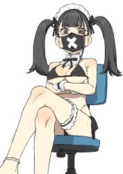 Rule 34 | 1girl, alternate hairstyle, bikini, black bikini, black hair, blue archive, breasts, bridal garter, chain, crossed arms, crossed legs, feet out of frame, highres, large breasts, looking at viewer, maid headdress, mask, mouth mask, osame, side-tie bikini bottom, simple background, sitting, solo, sukeban (smg) (blue archive), swimsuit, twintails, white background, wrist cuffs
