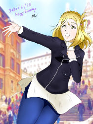 Rule 34 | 1girl, artist name, black jacket, blonde hair, blue pants, blue sky, blush, braid, breasts, brown eyes, cloud, cross, cross necklace, crown braid, denim, female focus, hair ornament, hair rings, hand on own chest, heart, heart hair ornament, highres, jacket, jeans, jewelry, long sleeves, looking at viewer, love live!, love live! school idol festival, love live! sunshine!!, medium breasts, medium hair, necklace, ohara mari, outdoors, outstretched arm, pants, parted lips, remoroimer, shirt, short hair, sky, smile, solo, white shirt, yellow eyes