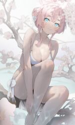 Rule 34 | 1girl, absurdres, barefoot, bikini, blue archive, blue eyes, braid, braided bun, breasts, cherry blossoms, chinese commentary, cleavage, closed mouth, commentary, double bun, flower, fog, hair bun, hair flower, hair ornament, halo, highres, knee up, kumikoyo, looking at viewer, medium breasts, mimori (blue archive), mimori (swimsuit) (blue archive), official alternate costume, pink hair, pink halo, short hair, sidelocks, sitting, smile, solo, sweat, swimsuit, white bikini