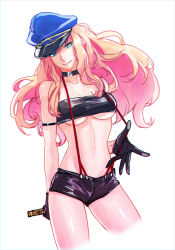 Rule 34 | 1girl, bare legs, bare shoulders, black gloves, blonde hair, blue eyes, breasts, collar, female focus, gloves, hat, iwamoto eiri, large breasts, legs, lips, long hair, looking at viewer, macross, macross frontier, midriff, navel, peaked cap, revealing clothes, sheryl nome, short shorts, shorts, sidelocks, simple background, solo, strapless, suspenders, tube top, underboob