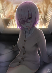 Rule 34 | 1girl, :d, bed, building, buttons, cardigan, city, collared shirt, fate/grand order, fate (series), glasses, hair over one eye, indoors, light purple hair, long sleeves, looking at viewer, mash kyrielight, nekobaka, night, no pants, open mouth, purple eyes, shade, shirt, short hair, signature, sitting, skyscraper, sleeves past wrists, smile, solo, underwear, window, wing collar
