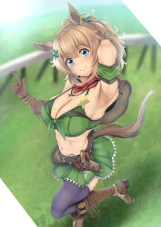 Rule 34 | 1girl, animal ears, arm up, armpits, bandana, belt, blue eyes, blurry, blurry background, blush, boots, breasts, brown footwear, brown headwear, cleavage, closed mouth, commentary request, curvy, day, foot out of frame, gloves, grass, green skirt, hair between eyes, hair ornament, high heels, highres, holstered, knee boots, large breasts, legs apart, light brown hair, linea alba, long hair, looking at viewer, midriff, miniskirt, navel, outdoors, pointing, pointing up, purple thighhighs, red bandana, skirt, smile, solo, standing, star (symbol), taiki shuttle (umamusume), tail, teeth, thick thighs, thighhighs, thighs, tsukareme, umamusume