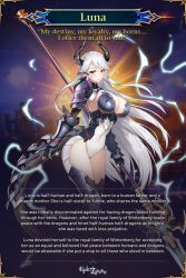 Rule 34 | 1girl, armor, armored boots, artist request, black horns, boots, breasts, character name, clothing cutout, covered navel, dragon girl, dragon horns, dragon tail, electricity, english text, epic seven, forehead jewel, gauntlets, holding, holding weapon, horns, large breasts, crossed legs, long hair, looking at viewer, luna (epic seven), official art, pointy ears, polearm, red eyes, shoulder armor, silver hair, standing, tail, thigh cutout, weapon