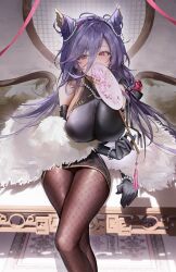 Rule 34 | 1girl, absurdres, azur lane, black gloves, breasts, brown pantyhose, chi an (azur lane), chi an (lanternlit stroll) (azur lane), cone hair bun, covered erect nipples, double bun, elbow gloves, feet out of frame, fishnet pantyhose, fishnets, floral print, flower, gloves, hair between eyes, hair bun, hair ornament, hand fan, highres, holding, holding fan, indoors, jewelry, kuren kren, large breasts, long hair, looking at viewer, necklace, official alternate costume, pantyhose, pearl necklace, purple hair, red eyes, red flower, red rose, rose, sideless outfit, sitting, solo