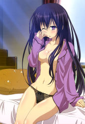 Rule 34 | 10s, 1girl, ;o, absurdres, bed, black hair, black panties, blue sky, blush, body blush, bow, bow panties, breasts, buttons, censored, cleavage, convenient censoring, covered erect nipples, curtains, date a live, hair between eyes, hair censor, hair over breasts, hand on own cheek, hand on own face, highres, indoors, lace, lace-trimmed panties, lace trim, light rays, long hair, long sleeves, looking at viewer, midriff, navel, no bra, non-web source, nyantype, official art, okita miyana, one eye closed, open clothes, open mouth, open shirt, pajamas, panties, pillow, purple eyes, scan, shirt, sitting, sky, sleeves past wrists, solo, sunbeam, sunlight, thigh gap, underwear, very long hair, waking up, wide hips, wince, window, wing collar, wink, yatogami tooka