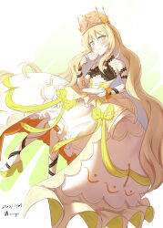 Rule 34 | 1girl, absurdres, artist name, bare shoulders, blonde hair, blush, butterfly hair ornament, celine (fire emblem), crown, cup, dated, detached sleeves, dress, fire emblem, fire emblem engage, flat chest, full body, green eyes, hair ornament, highres, holding, holding cup, holding plate, long hair, looking at viewer, nintendo, plate, platform footwear, s38230341, smile, solo, teacup, very long hair