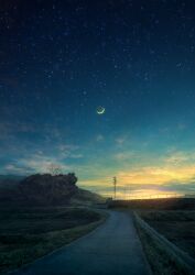 Rule 34 | cloud, commentary request, crescent moon, evening, fence, guard rail, highres, landscape, mks, moon, no humans, original, outdoors, power lines, road, scenery, sky, star (sky), starry sky, sunset, tree, utility pole, vanishing point