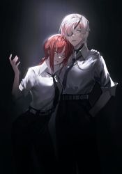 Rule 34 | 2girls, belt, black background, black necktie, black pants, braid, braided ponytail, breasts, chain, chainsaw man, closed mouth, collar, collared shirt, commentary, contrapposto, cowboy shot, dress shirt, expressionless, eyepatch, formal, gradient background, hand in pocket, high-waist pants, hug, llmia4, looking at viewer, looking to the side, makima (chainsaw man), medium breasts, medium hair, multiple girls, necktie, one eye covered, pants, quanxi (chainsaw man), red hair, ringed eyes, shirt, shirt tucked in, side-by-side, sidelocks, silver hair, simple background, sleeves rolled up, smile, standing, white shirt, wing collar, yellow eyes