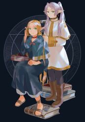 Rule 34 | 2girls, black background, black pantyhose, blonde hair, blue capelet, blue robe, book, book stack, boots, braid, braiding hair, brown footwear, capelet, choker, closed mouth, commentary, dress, dungeon meshi, earrings, elf, english commentary, frieren, full body, green eyes, hairdressing, highres, hood, hooded capelet, invisible chair, jewelry, long hair, long pointy ears, long sleeves, looking at viewer, marcille donato, multiple girls, pantyhose, parted bangs, pointy ears, polynis, red choker, robe, sandals, sitting, smile, sousou no frieren, species connection, split mouth, standing, thick eyebrows, toes, trait connection, twintails, very long hair, white capelet, white dress, white hair