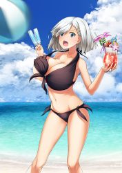 Rule 34 | 10s, 1girl, alternate breast size, ball, bare shoulders, beach, beachball, bikini, black bikini, blue eyes, blue sky, breasts, cleavage, cloud, cloudy sky, collarbone, cowboy shot, cup, day, drinking glass, drinking straw, food, hair ornament, hair over one eye, hairclip, hamakaze (kancolle), holding, holding cup, holding drinking glass, huge breasts, ice cream, kantai collection, nakamura kusata, navel, ocean, open mouth, outdoors, sand, short hair, silver hair, sky, solo, standing, swimsuit, water