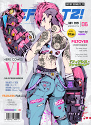Rule 34 | 1girl, absurdres, arcane: league of legends, arm tattoo, artist name, ass, asymmetrical hair, back tattoo, barcode, blue eyes, blue pants, character name, cover, crop top, defaultz, earrings, highres, jewelry, league of legends, magazine cover, mechanical gloves, neck tattoo, open mouth, pants, pink hair, roman numeral, sidecut, sign, tank top, tattoo, torn clothes, torn pants, undercut, vi (league of legends), warning sign, white tank top