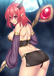 Rule 34 | 1girl, ass, back, bad id, bad pixiv id, bare shoulders, black panties, blush, breasts, butt crack, cowboy shot, demon girl, demon horns, detached sleeves, earrings, evil smile, from behind, full moon, gem, hair between eyes, holding, horns, jewelry, large breasts, long sleeves, looking at viewer, looking back, microskirt, midriff, moon, muo0409, original, panties, parted lips, pointy ears, puffy long sleeves, puffy sleeves, red eyes, red hair, rod, short hair, sideboob, skirt, smile, solo, staff, standing, underwear