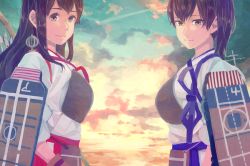 Rule 34 | 10s, 2girls, akagi (kancolle), arrow (projectile), blush, breasts, brown eyes, brown hair, cloud, ecriture, flight deck, japanese clothes, kaga (kancolle), kantai collection, long hair, looking at viewer, multiple girls, muneate, personification, quiver, rising sun flag, short hair, side ponytail, skirt, sky, smile, sun, sunburst