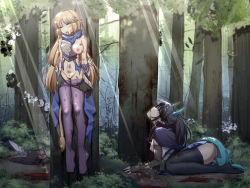 Rule 34 | 2girls, asukujira, black hair, blonde hair, blood, blue eyes, breasts, bruise, censored, corpse, death, empty eyes, execution, fingerless gloves, forest, gloves, hanged, hanging, highres, horns, injury, long hair, multiple girls, nature, nipples, one breast out, open mouth, original, pussy, rolling eyes, rope, tail, tears, thighhighs, tongue, tongue out, torn clothes