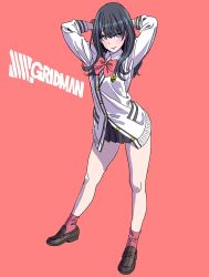 Rule 34 | 10s, 1girl, ankle socks, arms behind head, black hair, blue eyes, bow, bowtie, buttons, closed mouth, commentary request, full body, gridman universe, highres, lips, loafers, long hair, long sleeves, looking at viewer, pink background, red socks, school uniform, shoes, simple background, skirt, socks, solo, ssss.gridman, standing, takarada rikka, thighs, yamashita shun&#039;ya