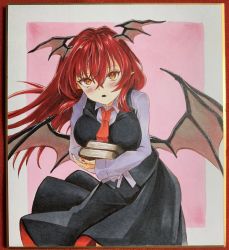 Rule 34 | 1girl, :o, bat wings, black skirt, black vest, blush, book, hugging book, border, breasts, collared shirt, commentary request, cowboy shot, dress shirt, fang, hair between eyes, head wings, holding, holding book, koakuma, large breasts, leaning forward, long hair, long sleeves, looking at viewer, low wings, marker (medium), nail polish, necktie, hugging object, pink background, pointy ears, red eyes, red hair, red necktie, shikishi, shirt, sidelocks, simple background, skirt, skirt set, slit pupils, solo, touhou, traditional media, vest, white border, white shirt, wings, yuuma-nii
