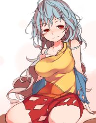 Rule 34 | 1girl, aqua hair, bare shoulders, barefoot, breasts, detached sleeves, dress, duplicate, furorina, half-closed eyes, hatchet, long hair, looking at viewer, medium breasts, multicolored clothes, multicolored dress, nata (tool), orange dress, red dress, red eyes, sakata nemuno, simple background, single strap, sitting, smile, solo, thighs, touhou, very long hair, wariza, wavy hair, white background, yellow dress