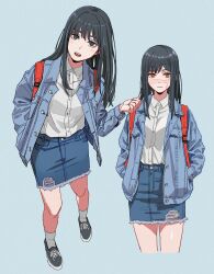 Rule 34 | 2girls, absurdres, backpack, bag, black hair, chainsaw man, collared shirt, cross scar, cutoffs, denim, denim jacket, facial scar, grey jacket, hands in pockets, highres, jacket, blue background, long hair, looking at viewer, mitaka asa, multiple girls, open mouth, ringed eyes, scar, scar on cheek, scar on face, shiren (ourboy83), shirt, simple background, skirt, smile, torn clothes, torn skirt, white shirt, yellow eyes, yoru (chainsaw man)
