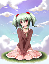 Rule 34 | 1girl, between thighs, choker, cloud, day, field, full body, grass, green hair, hair bobbles, hair ornament, heart, long sleeves, original, outdoors, own hands together, short hair, sitting, skirt, sky, smile, solo, sui. (ayase), thighs, twintails, v arms, wariza