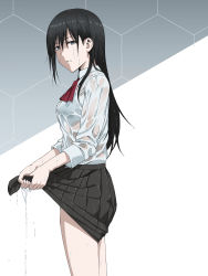 Rule 34 | 1girl, absurdres, bad id, bad pixiv id, black hair, blue eyes, bra visible through clothes, commentary, highres, long hair, looking at viewer, original, parted lips, school uniform, see-through, shirt, simple background, skirt, solo, tuskryo, water, wet, wet clothes, wet hair, wet shirt, wringing clothes, wringing skirt