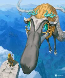 Rule 34 | 1boy, archaic set (zelda), blue sclera, claws, cloud, colored sclera, dragon, dragon horns, floating island, flying, green eyes, highres, horns, let me do it for you (meme), light dragon (zelda), link, long nose, looking at another, meme, midair, mountainous horizon, nintendo, simon stafsnes andersen, the legend of zelda, the legend of zelda: tears of the kingdom