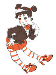 Rule 34 | 1girl, :3, black hair, black sclera, black suit, blush stickers, bow, buttons, colored sclera, colored skin, double bun, floating, footwear bow, formal, full body, gloves, hair bun, hand on own hip, humanization, jigsaw (character), leaning forward, long sleeves, looking at viewer, mismatched eyebrows, pantyhose, pointing, pointing at self, red bow, red footwear, red skirt, saw (movie), simple background, sketch, skirt, solo, striped clothes, striped leggings, striped pantyhose, suit, swept bangs, tokimekiwaku, white background, white gloves, white skin