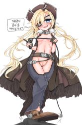Rule 34 | 1boy, 1girl, :d, belt, black gloves, blonde hair, blue eyes, blush, breasts, buckle, bulge, chaps, cleft of venus, coat, colt revolver (girls&#039; frontline), cowboy hat, cowboy western, erection, erection under clothes, eyepatch, facial mark, footjob, fringe trim, girls&#039; frontline, gloves, gorget, hair ornament, hair ribbon, hat, heart, heart-shaped pupils, hetero, highres, holding, holding whip, jokebag, korean text, long hair, looking down, navel, nipples, open mouth, partially fingerless gloves, pussy, ribbon, shoejob, simple background, small breasts, smile, solo focus, speech bubble, spurs, standing, star (symbol), symbol-shaped pupils, translation request, twintails, uncensored, whip, white background