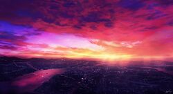 Rule 34 | absurdres, bird, blue sky, city lights, cityscape, cloud, cloudy sky, commentary request, fantasy, highres, mountainous horizon, new year, no humans, original, outdoors, pink sky, red sky, river, scenery, shadow, signature, sky, skyrick9413, sunlight, sunrise, sunset, twilight, wide shot, yellow sky