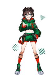Rule 34 | 1girl, animal ears, blue eyes, brown hair, crop top, denonbu, dog ears, hair ornament, hairpin, headphones, hood, long sleeves, looking at viewer, midriff, mika pikazo, official art, ogami matoi, open mouth, outstretched arm, short hair, shorts, smile, socks, solo, transparent background