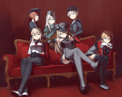 Rule 34 | 10s, 6+girls, anchor hair ornament, bismarck (kancolle), black gloves, black legwear, black skirt, blonde hair, blue eyes, breasts, brown eyes, brown gloves, brown hair, clothes writing, commentary request, couch, cropped jacket, crossed legs, detached sleeves, dress, garrison cap, gloves, graf zeppelin (kancolle), grey legwear, hair between eyes, hair ornament, hat, heibonkaeru, kantai collection, large breasts, legs, long hair, long sleeves, looking at viewer, microskirt, military, military hat, military uniform, miniskirt, multiple girls, pantyhose, peaked cap, prinz eugen (kancolle), puffy long sleeves, puffy sleeves, sailor collar, sailor dress, sailor hat, short hair, silver hair, sitting, skirt, smile, thighhighs, twintails, u-511 (kancolle), uniform, white gloves, z1 leberecht maass (kancolle), z3 max schultz (kancolle), zettai ryouiki