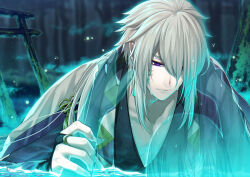 Rule 34 | 1boy, 1other, facial mark, fingernails, grey hair, japanese clothes, kimono, long hair, male focus, original, partially submerged, pointy ears, purple eyes, sharp fingernails, solo, spirit, suzuka nene, water, wet, whisker markings