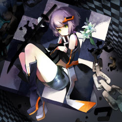 Rule 34 | 10s, 1girl, black rock shooter, black rock shooter (game), boots, chain, coat, flower, from above, gray (black rock shooter), grey hair, highres, katana, lily (flower), looking at viewer, looking up, lying, on side, sheska xue, short hair, shorts, solo, sword, weapon, yellow eyes