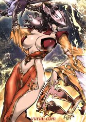 Rule 34 | 10s, 1girl, breasts, colow, detached sleeves, dress, hand fan, female focus, folding fan, gloves, granblue fantasy, grey gloves, highres, large breasts, long sleeves, midriff, orange dress, parted lips, pelvic curtain, revealing clothes, single glove, solo, sparkle, watermark, web address, yuri ai