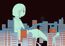 Rule 34 | 1girl, absurdres, black background, building, cityscape, flat color, from side, highres, kaigara chan, looking to the side, night, original, parted lips, radio antenna, road, short hair, sitting, solo, town, traffic light, transmission tower