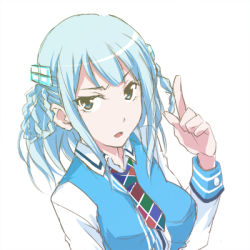 Rule 34 | 1girl, :o, blue eyes, blue hair, braid, collared shirt, dress shirt, hair ornament, heki (midori), index finger raised, long sleeves, looking at viewer, lowres, madobe tooko, matching hair/eyes, necktie, nose, open mouth, os-tan, plaid, plaid necktie, plaid neckwear, shirt, simple background, solo, upper body, white background, windows 10, wing collar