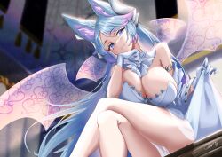 Rule 34 | 1girl, absurdres, animal ear fluff, animal ears, blue eyes, blue hair, breasts, cleavage, cosplay, crossed legs, demon wings, dress, gloves, highres, large breasts, looking at viewer, lovely labrynth of the silver castle, multicolored hair, pink hair, silvervale, smile, solo, streaked hair, swept bangs, transparent wings, uhen, virtual youtuber, vshojo, white dress, white gloves, wings, wolf ears, wolf girl, yu-gi-oh!