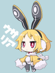 Rule 34 | 1girl, :&lt;, animal ear hairband, animal ears, arms at sides, black pantyhose, blonde hair, blue background, bright pupils, character name, chibi, coat, disgaea, earmuffs, fake animal ears, full body, fur-trimmed coat, fur trim, hairband, highres, jitome, leotard, long sleeves, looking at viewer, makai senki disgaea 5, open clothes, open coat, pantyhose, rabbit ear hairband, rabbit ears, red eyes, scarf, short eyebrows, short hair, simple background, sleeves past fingers, sleeves past wrists, solo, standing, thick eyebrows, translation request, usalia (disgaea), white leotard, white pupils, white scarf, yellow coat, yunji