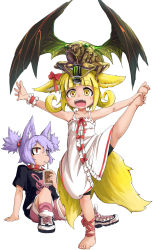 Rule 34 | 2girls, :d, animal, animal ears, animal on head, ankle ribbon, arm support, barefoot, bike shorts, black shirt, blonde hair, blouse, blunt bangs, bug, cicada, coffee, coffee cup, collar, cup, curly hair, disposable cup, dog child (doitsuken), doitsuken, dress, drinking, drinking straw, ears down, energy drink, fox child (doitsuken), fox ears, fox tail, highres, holding own foot, insect, leg ribbon, looking at viewer, monster energy, multiple girls, multiple tails, on head, open mouth, original, outstretched arms, oversized animal, pink shorts, purple hair, red eyes, red ribbon, ribbon, shirt, shoes, short hair, shorts, simple background, sitting, slit pupils, smile, spiked collar, spikes, split, spread arms, standing, standing on one leg, standing split, tail, thick eyebrows, twintails, two tails, white background, white dress, wristband, yellow eyes