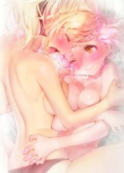 Rule 34 | 2girls, ;), ahoge, blonde hair, blush, breasts, brown eyes, hand on another&#039;s back, hands on another&#039;s shoulders, highres, multiple girls, navel, one eye closed, open mouth, panties, pink hair, smile, sweat, taiyou no orgel, tinkle bell, tribadism, tribadism through clothes, underwear, yuri