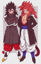 Rule 34 | 2boys, bare pectorals, biceps, black legwear, body fur, coat, crossed arms, dragon ball, dragon ball gt, dragon ball heroes, earrings, frown, fusion, fusion dance, gloves, gogeta, hands in pockets, highres, jewelry, looking at viewer, male focus, monkey boy, monkey tail, multiple boys, muscular, no nipples, pants, pectorals, potara earrings, red fur, red pants, relio db318, spiked hair, super saiyan, super saiyan 4, tail, vegetto, vegetto (xeno), white gloves, white legwear, white pants